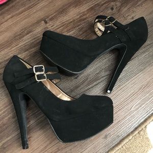 👠 [Qupid] Double Strapped Platform Heels - Black